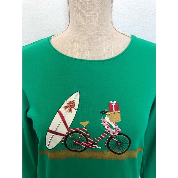 Karen Scott Green Printed Glitter Bike & Surfboard Top -S - Picture 4 of 6